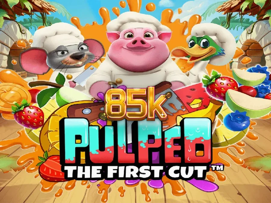 Cena vibrante do jogo de slot Pulped: The First Cut com personagens chefs animais